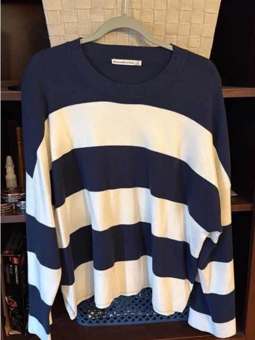 Abercrombie & Fitch Navy and White Wide-Stripe Crew Sweater